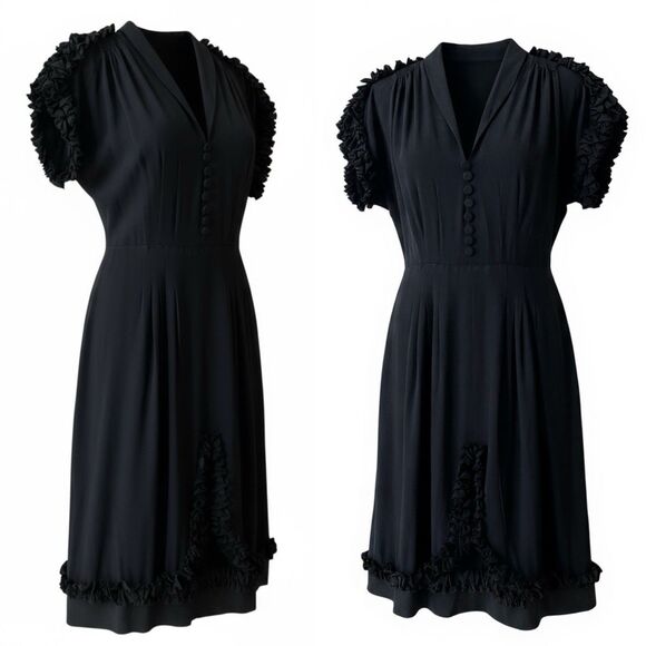 Late 1930s 40s Black Rayon Crepe Dress S/M Smocked Shoulder Ruffle Trim WWII Era - Picture 1 of 9
